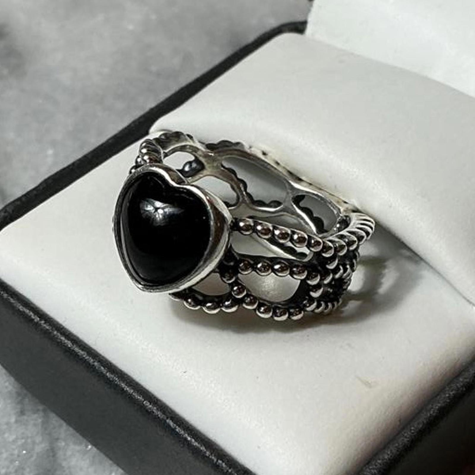 Pandora Ale 925 Mi Amor Black Onyx Heart Sterling Silver Band Ring Sz. 8